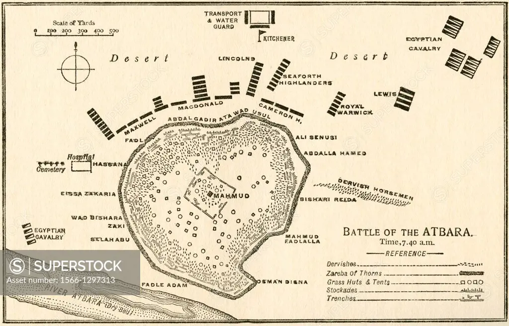 Map showing The Battle of Atbara during the Second Sudan War also called the Mahdist War, the Mahdist Revolt, Anglo-Sudan War or the Sudanese Mahdist ...
