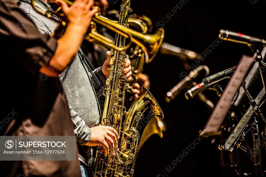 Jazz music : a musican playing a saxophone in a group.