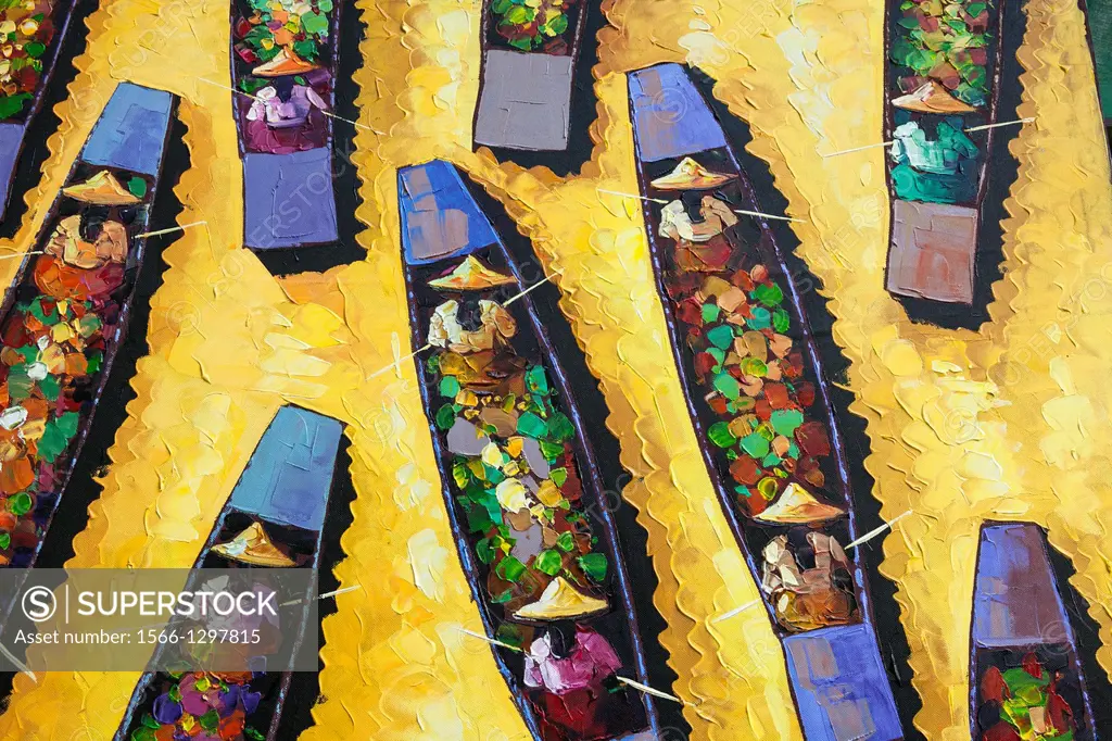 Painting of boats in a floating market, Yangon, (Rangoon), Myanmar, (Burma).