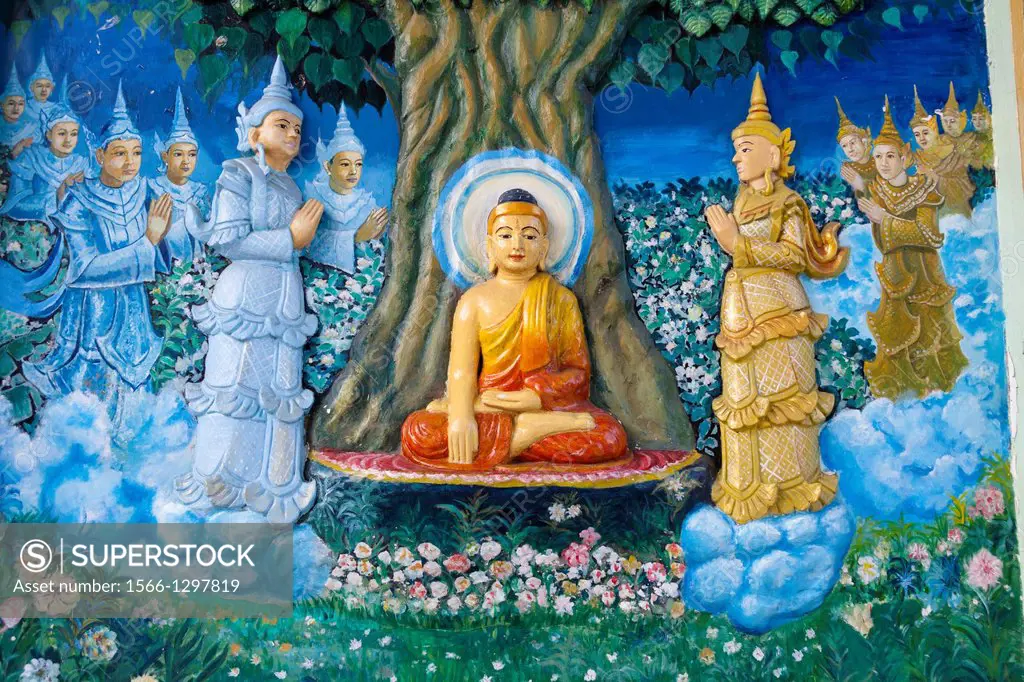 Painting depicting the life of Buddha on a prayer hall wall, Shwedagon Pagoda, Yangon, (Rangoon), Myanmar, (Burma).
