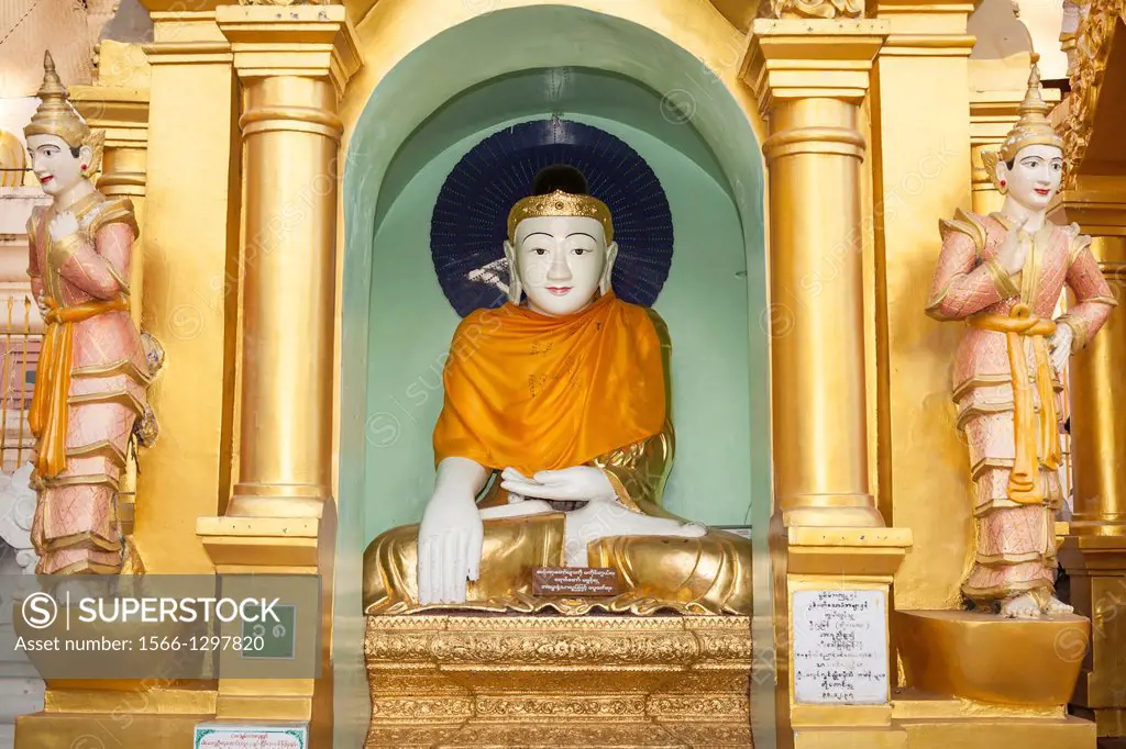 A Buddha statue at Shwedagon Pagoda, Yangon, (Rangoon), Myanmar, (Burma).