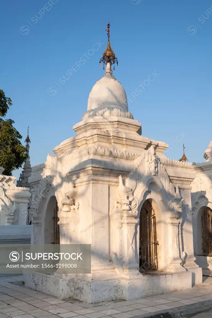 A Stupa, each one houses a page of the worlds largest book, Kuthodaw Pagoda, Mandalay, Myanmar, (Burma).