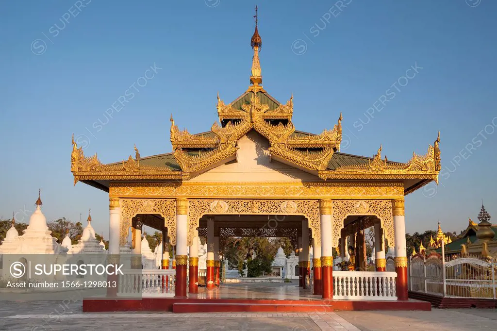 Prayer hall at Kuthodaw Pagoda, Mandalay, Myanmar, (Burma).