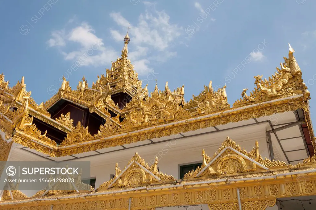 Ornate roof of a building at Shwedagon Pagoda, Yangon (Rangoon), Myanmar, (Burma).