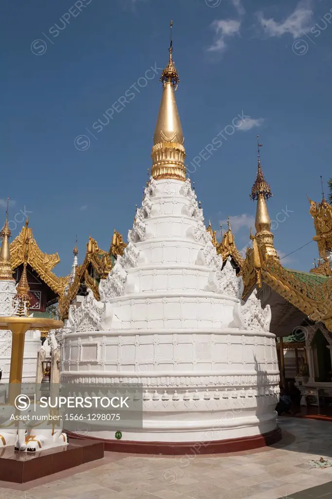 A white stupa at Shwedagon Pagoda, Yangon, (Rangoon), Myanmar, (Burma).