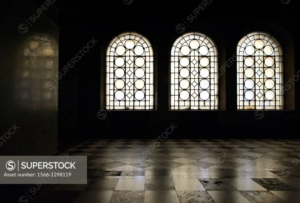 Sofia, Bulgaria. Darkness and light, within the interior of Sofia´s Alexander Nevski Cathedral, seat of the Bulgarian Patriarch.
