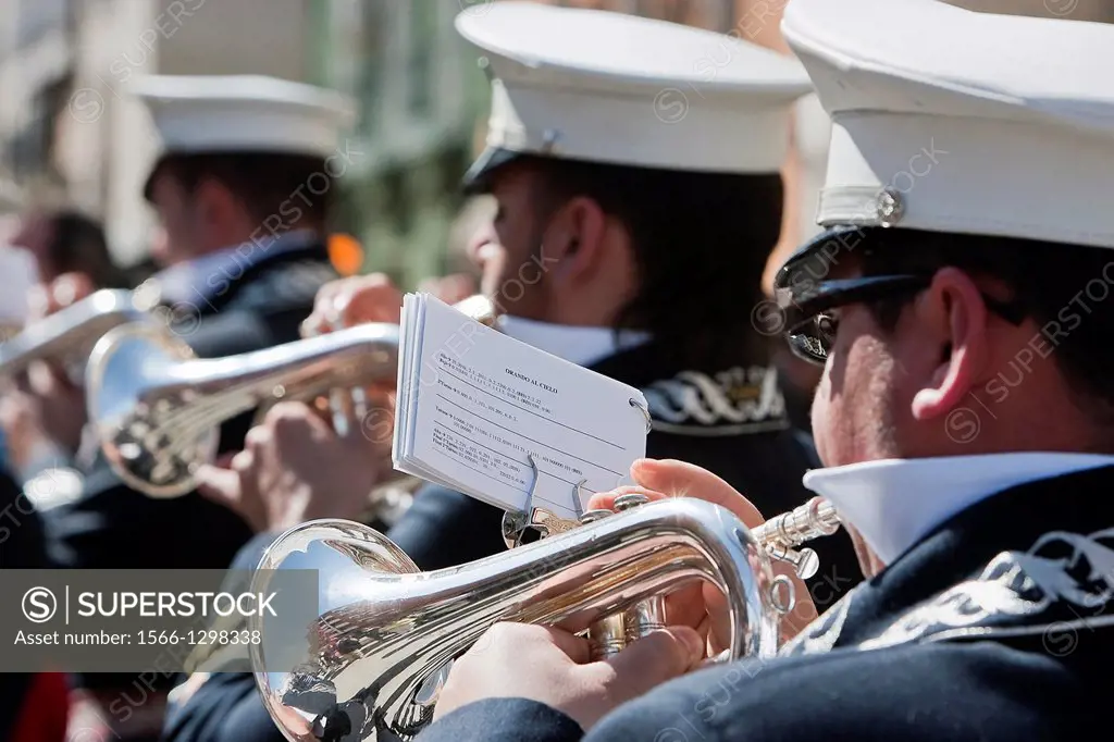 Brass band musicians, Palm Sunday, this band wears the uniform of Captain of Squad of the Royal escort of Alfonso XIII, Linares, Jaen province, Spain.