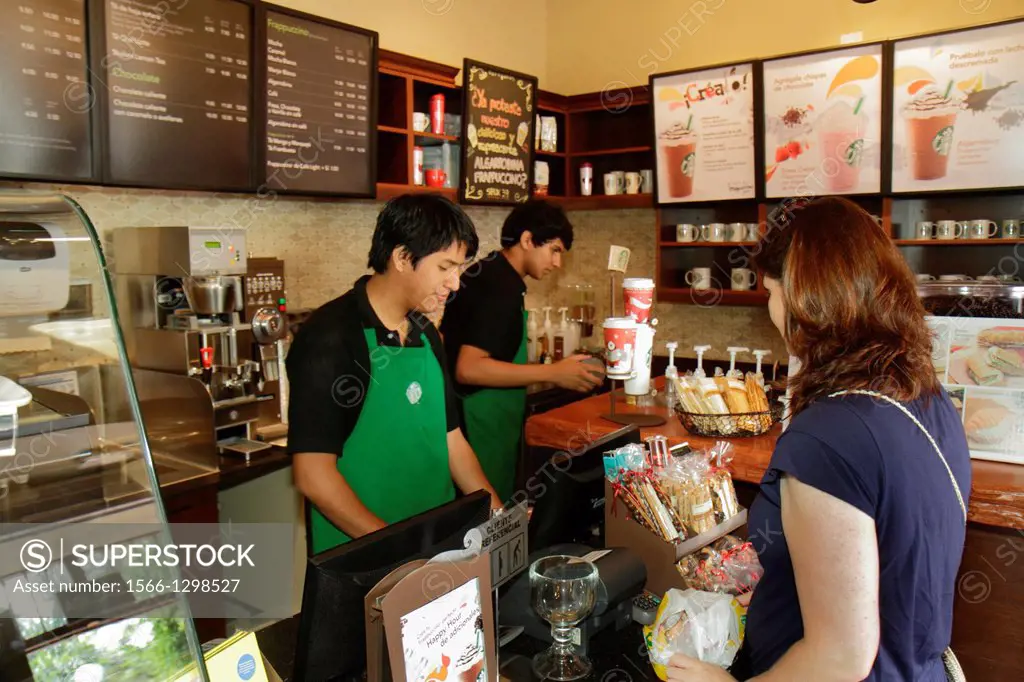 Peru, Lima, Barranco District, Avenida Pedro D'Osma, Starbucks Coffee, coffee house, business, American company, brand, Hispanic, boy, teen, woman, ba...