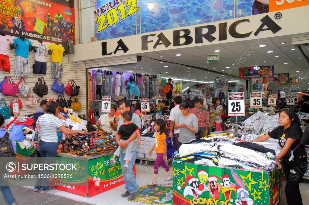 Peru, Lima, Jiron de la Union, historic district, peatonal, promenade, pedestrian mall, shopping, La Fabrica, clothing store, retail display, tables, ...