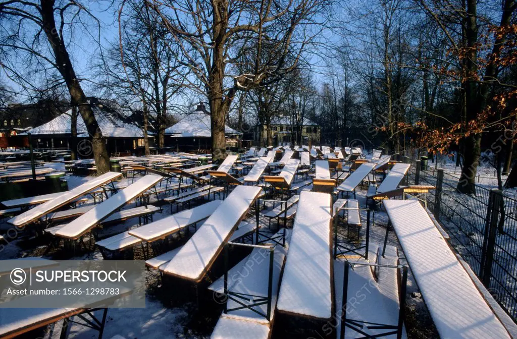 Winter; Snow Covered Seat Rows; English Garden; Munich; Germany.