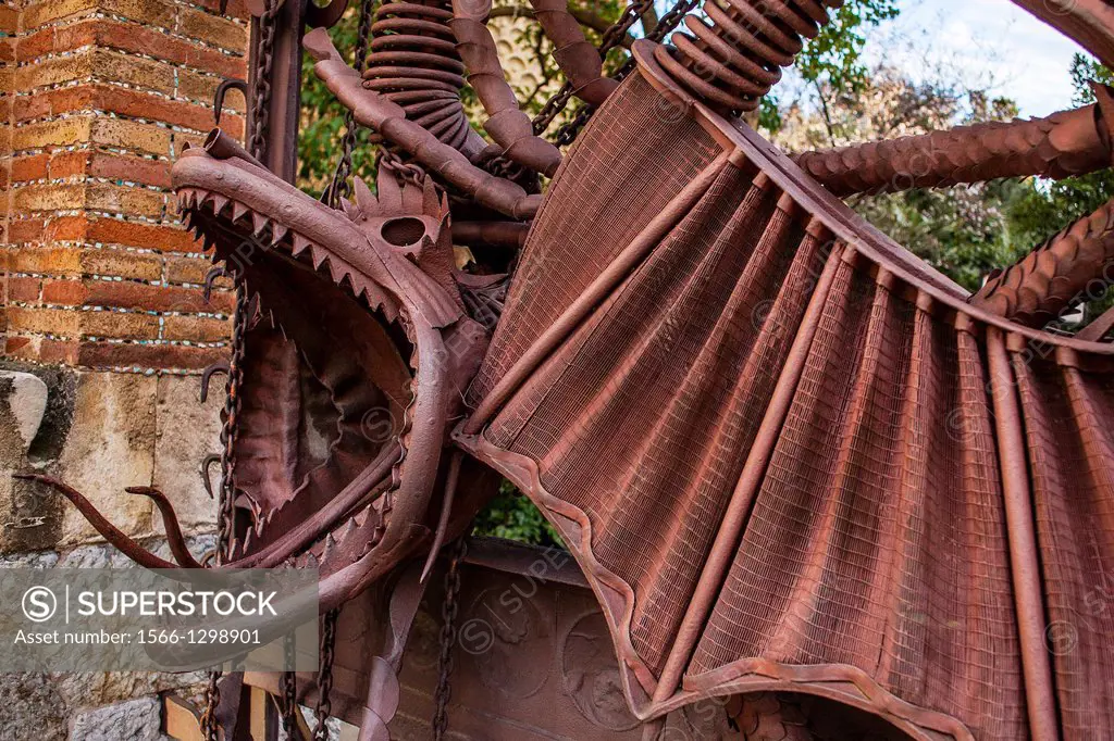 Detail of dragon on iron gate at Pavellons de la Finca Guell, by Antonio Gaudi. Barcelona. Catalonia. Spain.