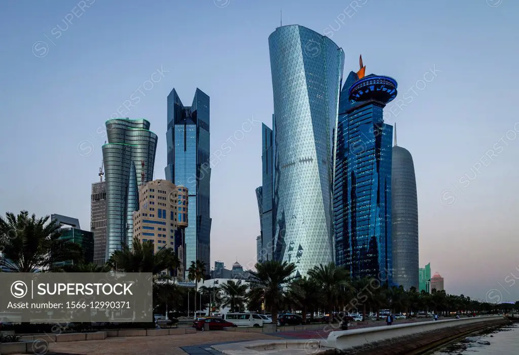 The Doha Skyline Taken From The Corniche, Doha, Qatar.