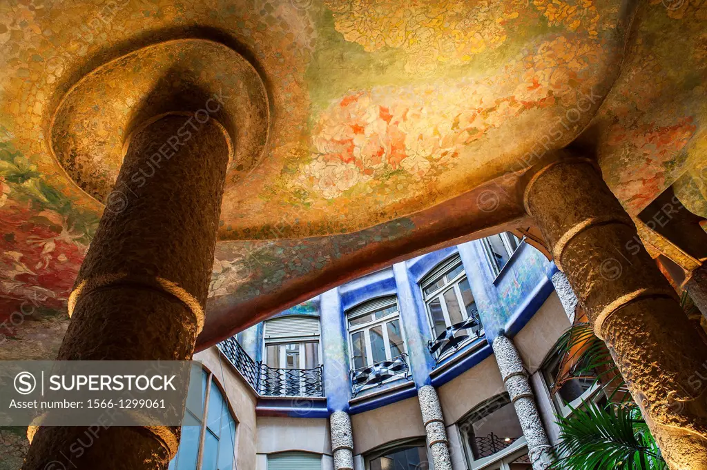 Architectural detail of inner courtyard, Casa Mila, La Pedrera, Barcelona, Catalonia, Spain.
