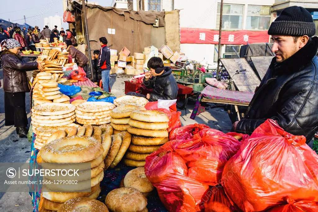 Bread stalls at a bazaar in Turpan, Xinjiang, China.