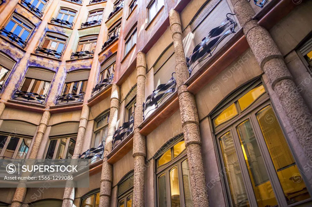 View of inner courtyard, Casa Mila, La Pedrera, Barcelona, Catalonia, Spain.