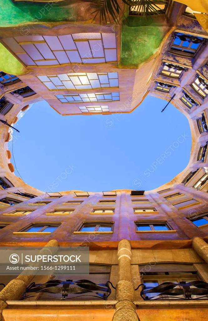 View of inner courtyard, Casa Mila, La Pedrera, Barcelona, Catalonia, Spain.