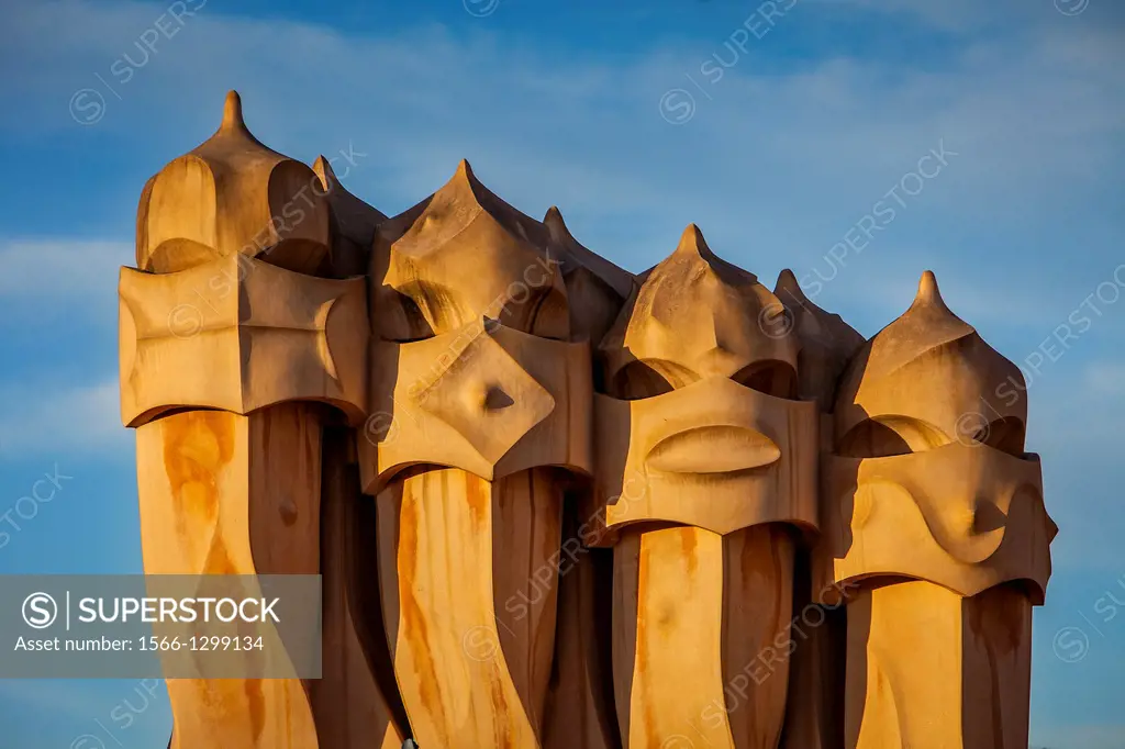 Detail of rooftop Chimneys in Casa Mila, La Pedrera, Barcelona, Catalonia, Spain.
