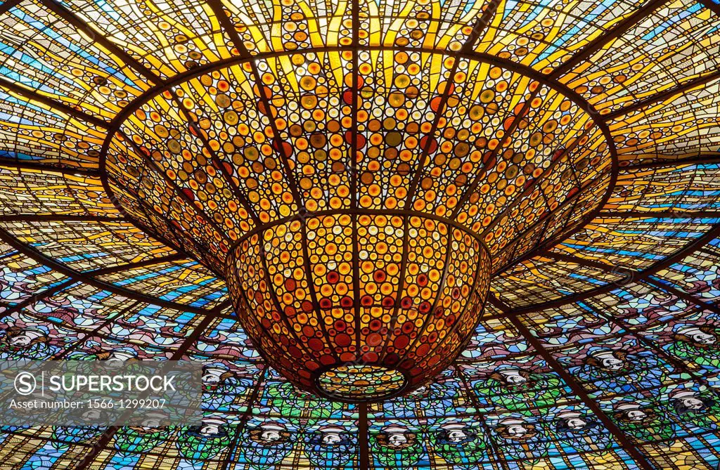 Palau de la Musica Catalana,detail of giant skylight, by Lluis Domenech i Montaner, Barcelona, Spain.