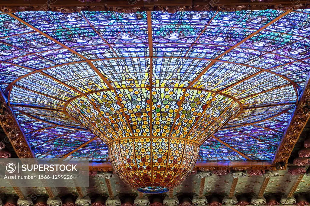 Palau de la Musica Catalana,detail of giant skylight, by Lluis Domenech i Montaner, Barcelona, Spain.