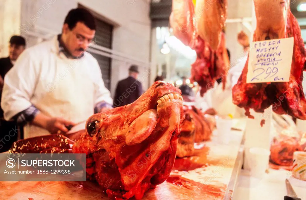 Butchery in Central Market, Athens, Greece, Europe.