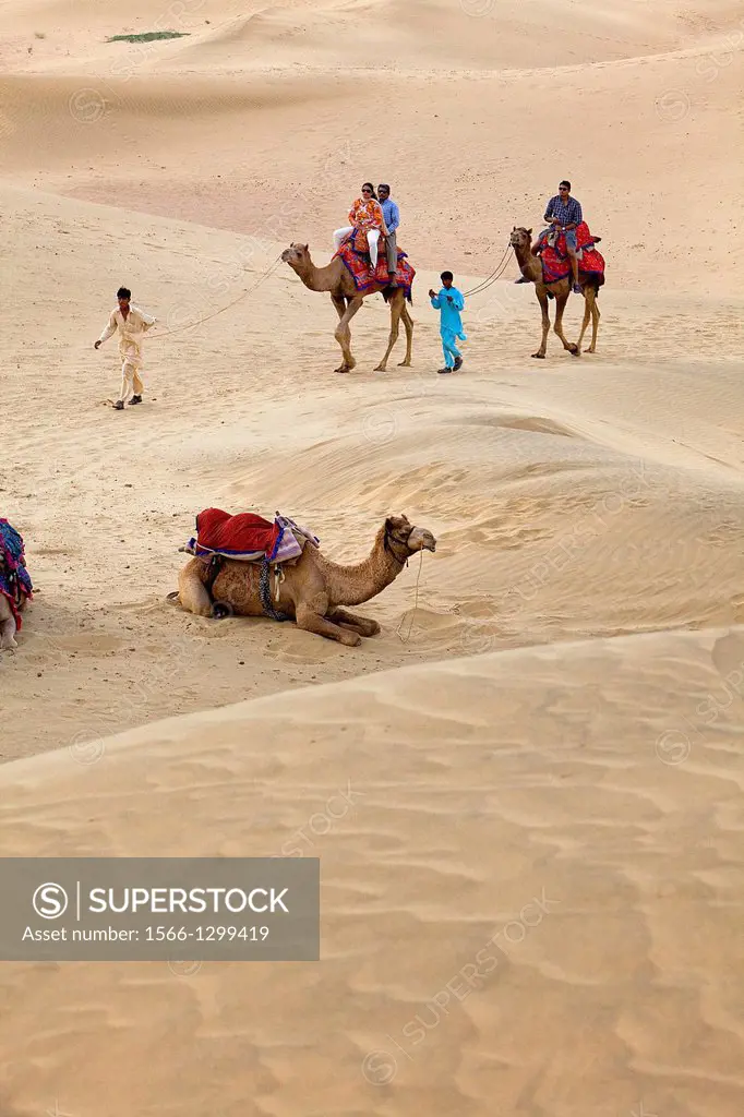 Tourists riding camels on Sam dunes in Desert National Park in the Great Thar Desert,near Jaisalmer, Rajasthan, India.