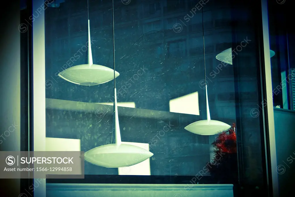 Lights hanging from the ceiling of an interior. Barcelona, Catalonia, Spain.