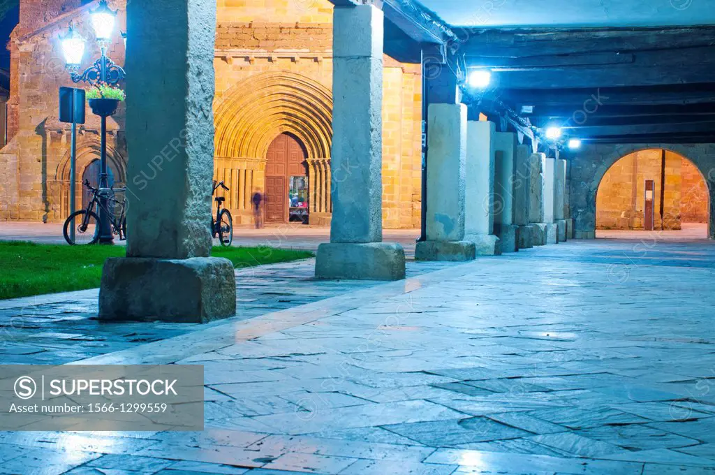 Colegiata de San Miguel, Saint Michael´s church in the Plaza de España during night, at Aguilar de Campoo, Palencia, Castilla y Leon, Spain.