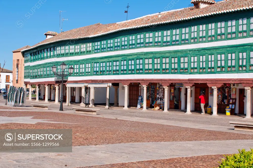 Plaza Mayor in Almagro, morning, Ciudad Real district, Castilla La Mancha, Spain.