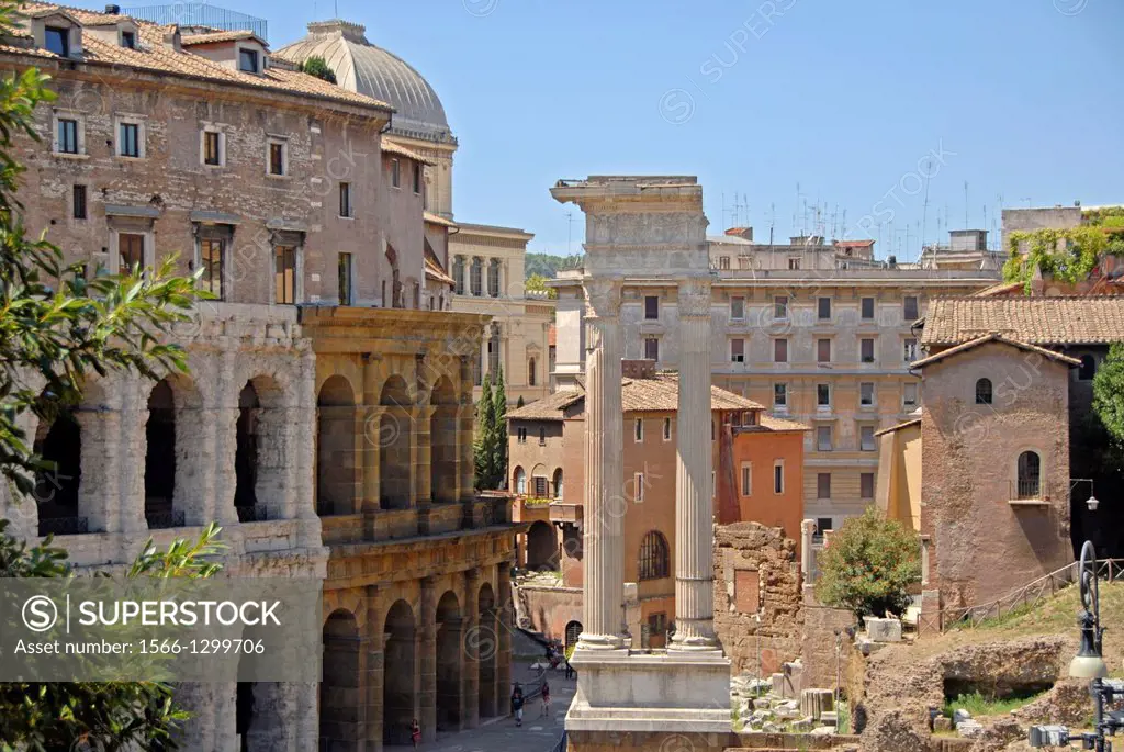 The rests of Apollo Sosianus Temple and partial view of the Theatre of Marcellus. Rome, Lazio, Italy, Europe.