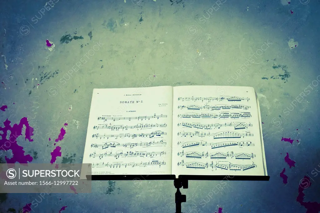 Sheet music. Metal music stand with music score on it.