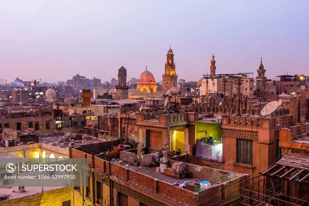Islamic Cairo overview at dusk, Egypt.