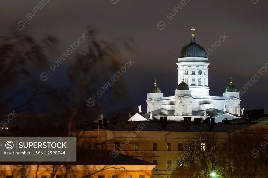 The Cathedral of Helsinki at night, Finland. Helsingin tuomiokirkko or Helsinki Cathedral was built by Carl Engel Lugvig under Russian administration ...