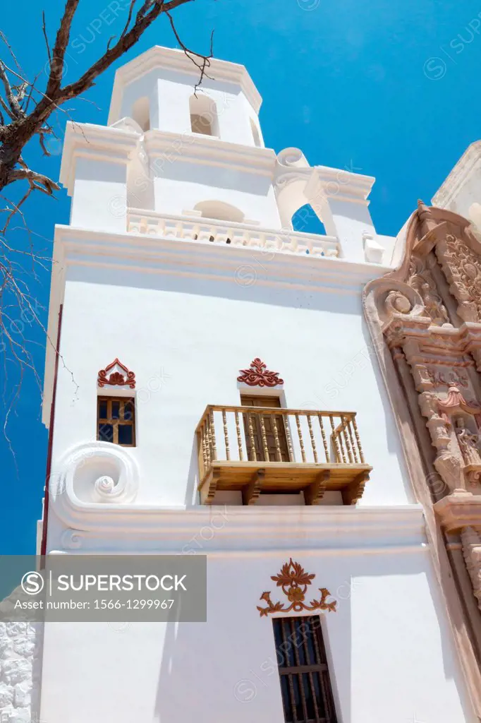 Bell tower and balcony of the Spanish colonial mission San Xavier.