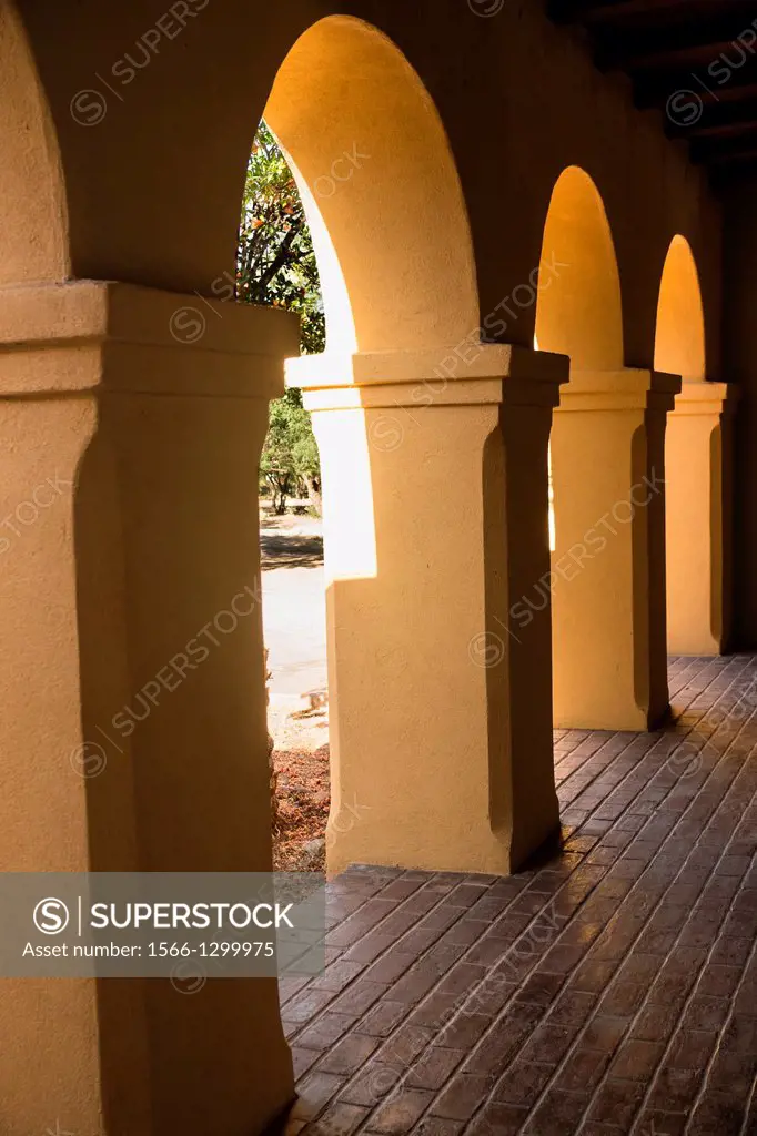 The shaded colonnade at Mission Tumacacori, Arizona.