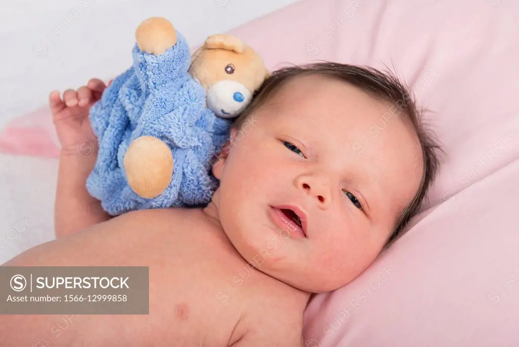 Baby 2 weeks old with soft toy