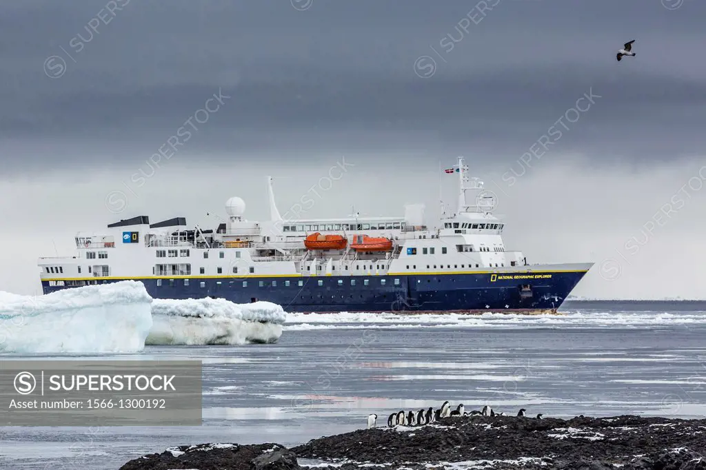 The Lindblad Expedition ship National Geographic Explorer on expedition at Brown Bluff in Antarctica, Southern Ocean.
