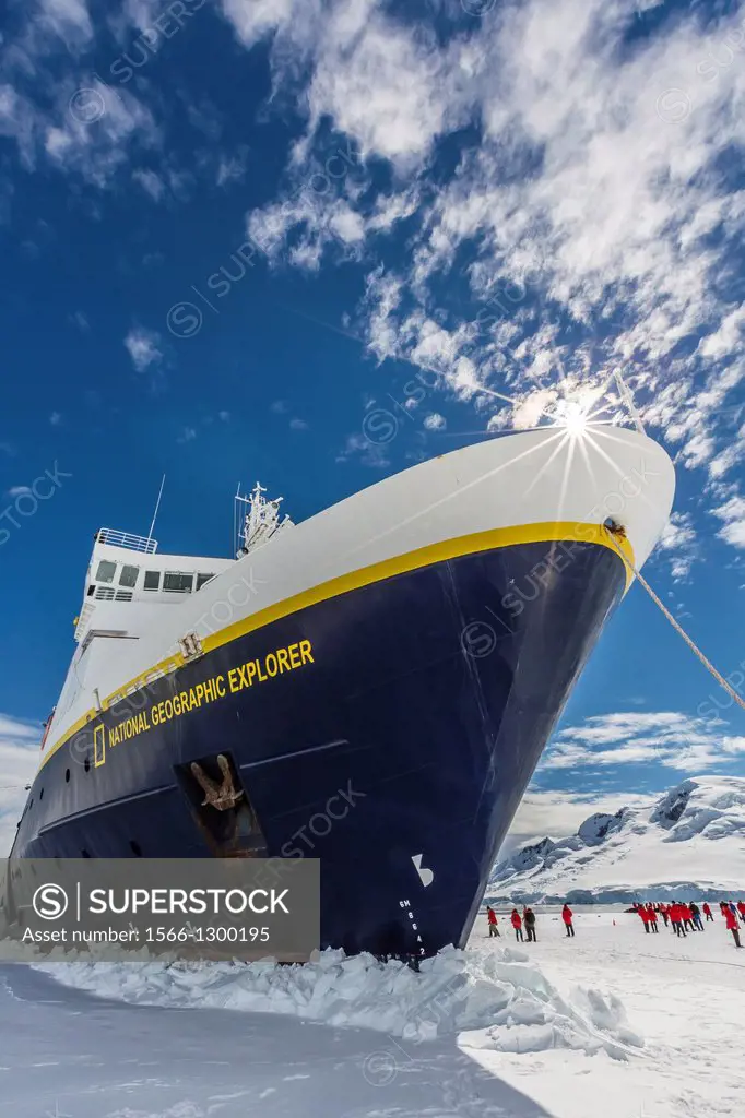 The Lindblad Expedition ship National Geographic Explorer on expedition in the Enterprise Islands in Antarctica, Southern Ocean.