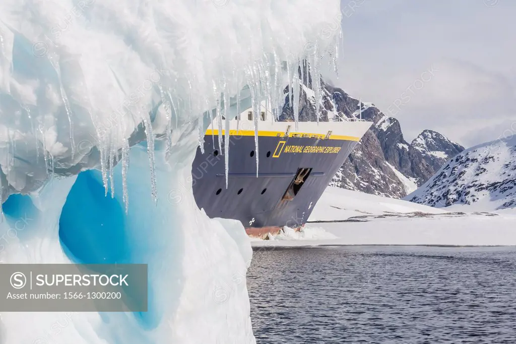 The Lindblad Expedition ship National Geographic Explorer on expedition at Pleneau Island in Antarctica, Southern Ocean.