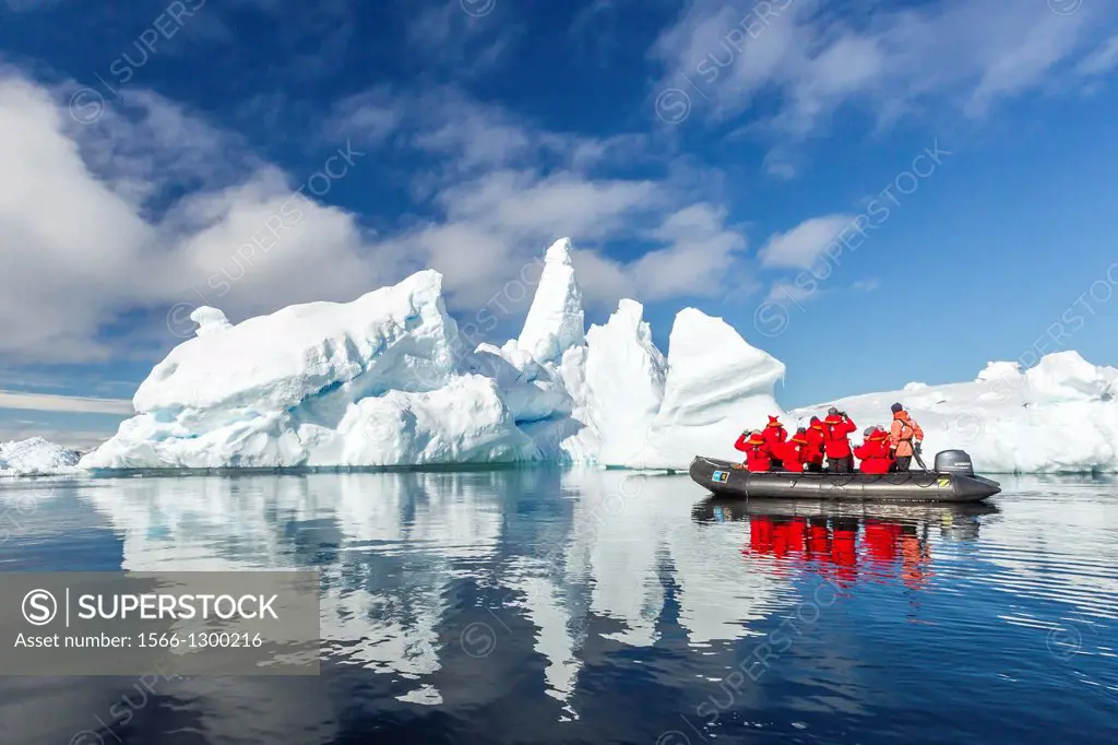 Guests from the Lindblad Expedition ship National Geographic Explorer enjoy the Yalour Islands, Antarctica by Zodiac.