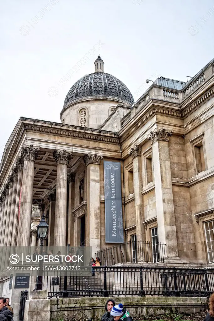 Side View of the Main Entrance to the National Gallery Museum, London, England, UK.