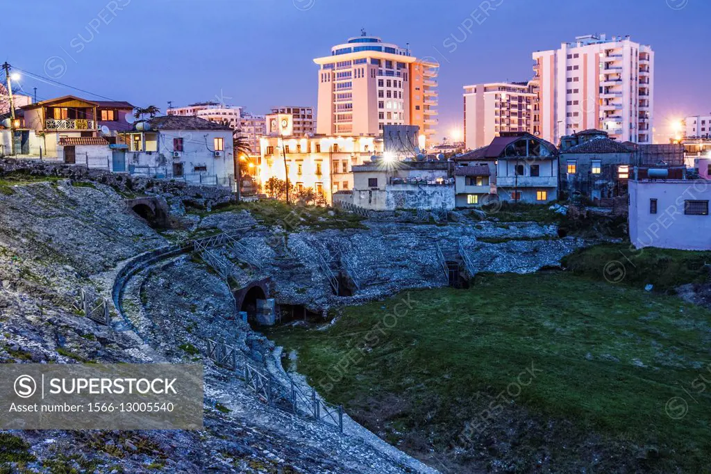 Durres Amphitheatre at dusk. Albania.