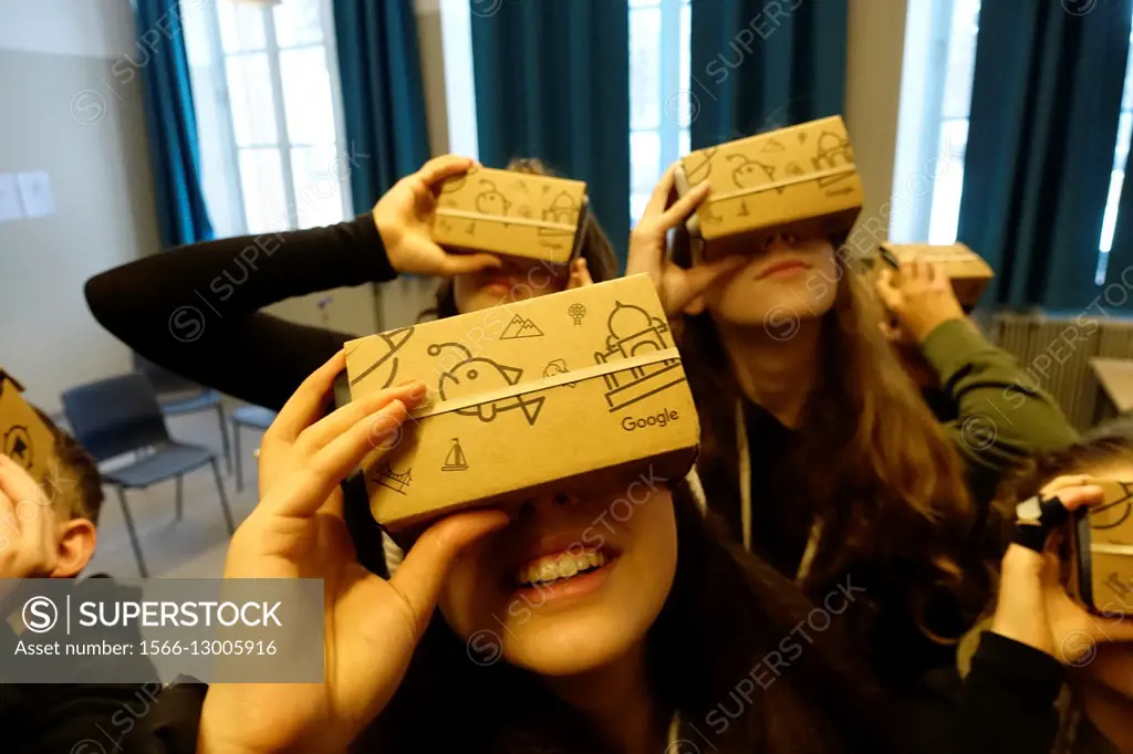 STOCKHOLM, SWEDEN Class 8A at the Blommenbergsskolan school in Gröndal gets a hands on demonstration of Google Glasses, a 3 D Virtual Reality (VR) hea...