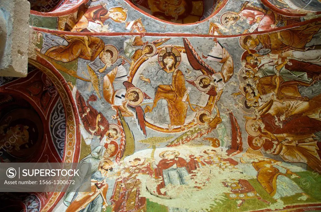 Frescoes in the Carikli kilise Church of Sandals at Goreme Open Air Museum. Cappadocia, Central Anatolia, Turkey.