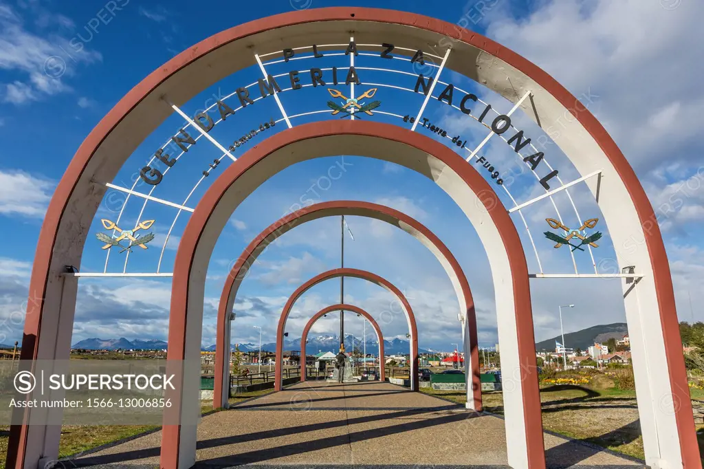 Entrance arches to the National Military memorial to the Malvinas conflict in Ushuaia, Argentina.