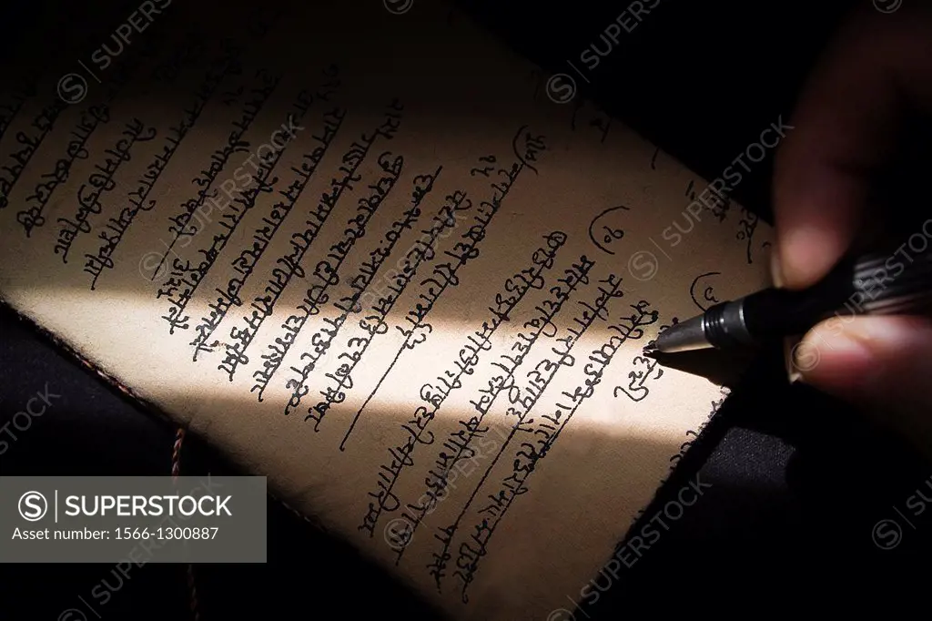 Writing with a pen on a papyrus in language Brahmi, writing in the India systems.