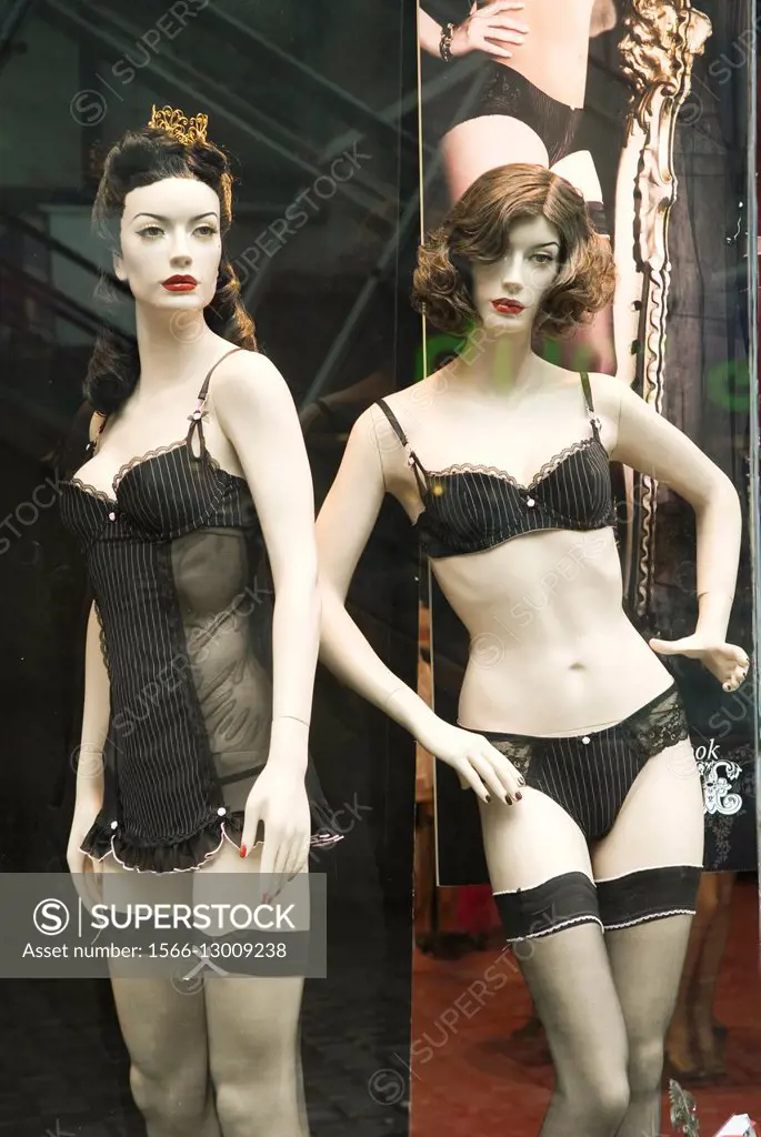 Mannequins in sexy black lingerie in a sexshop window display Manchester city centre UK.