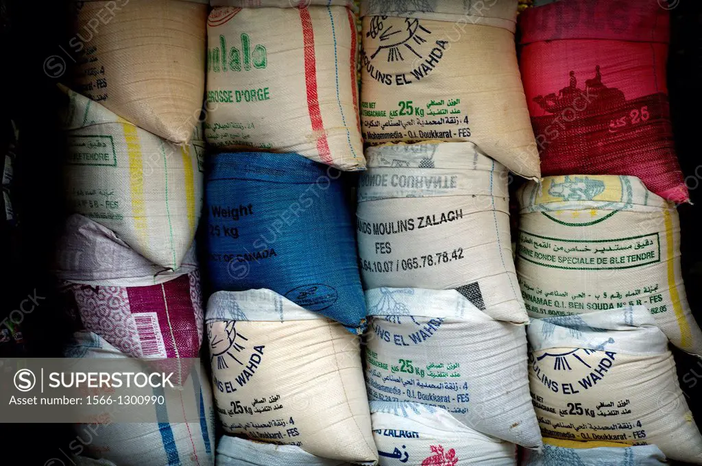 Sacks of grain stacked in a warehouse, Fez, Morocco, Africa