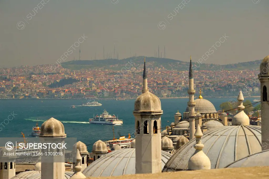 view across Bosporus to Asian side of Istanbul from Suleymaniye Mosque, Istanbul, Turkey