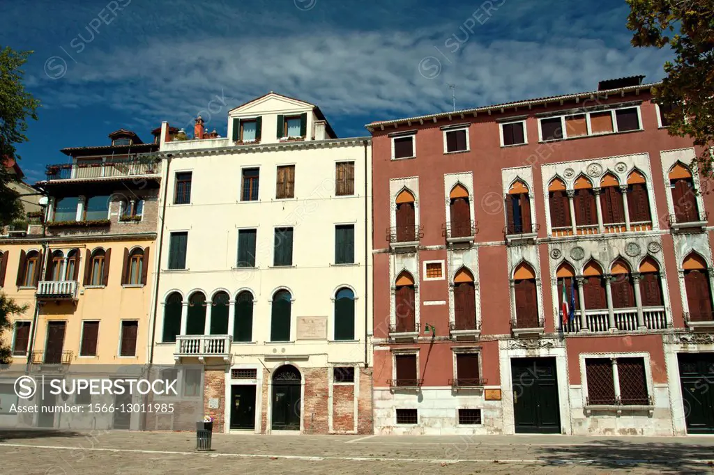 Facade of Palazzo Soranzo (right) at the Campo San Polo in Venice, Italy