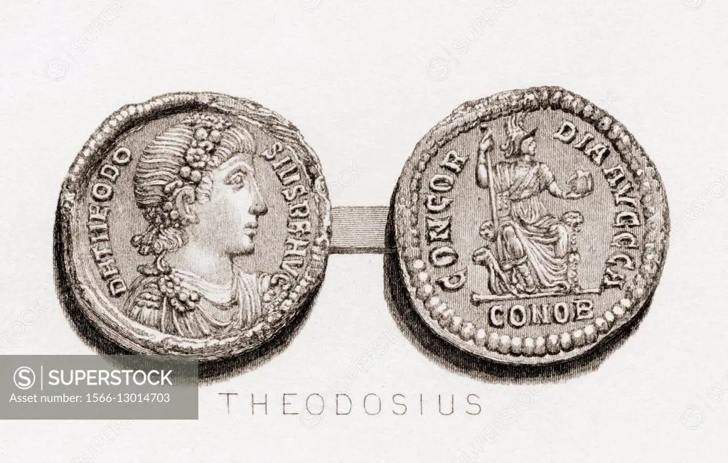 Solidus coin from the time of Theodosius the Great. Flavius Theodosius, 347-395 AD. Roman Emperor.